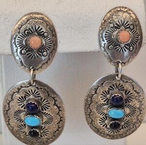 Vintage Silver Earrings with Turquoise and Coral Accents